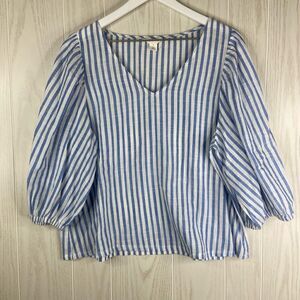 Caslon Women's White And Blue Striped 3/4 Balloon Sleeve V Neck Blouse Size M